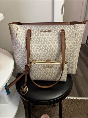 Michael Kors Beige and Brown Signature MK Tote with Matching Pouch